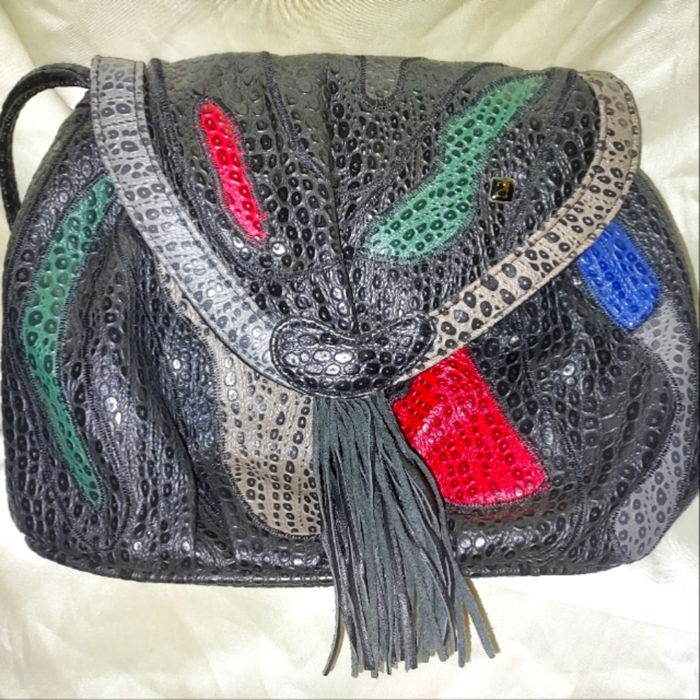 ⚜️Vintage⚜️Nas Alentino⚜️Black-w/Multicolor Accents⚜️Purse w/ Leather Tassel⚜️